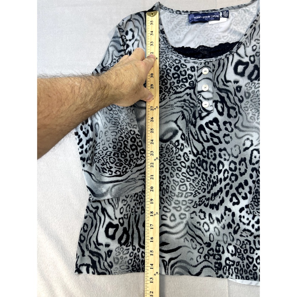 SUSAN GRAVER WOMEN'S SHIRT MEDIUM BLACK CHEETAH PRINT WH3/4‎ SLEEVE TOP BLOUSE - Picture 6 of 14